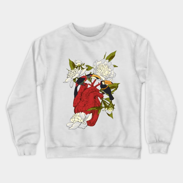 Heart with Flowers, Leaves and Birds Crewneck Sweatshirt by Olga Berlet